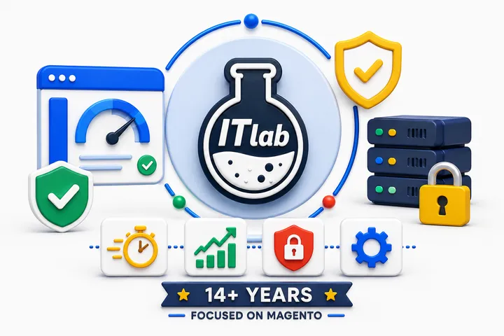Illustration of the ITlab badge marking 14+ years focused on Magento