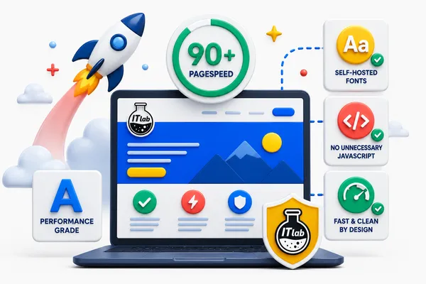 Illustration of a laptop showing a 90+ PageSpeed score and performance grade
