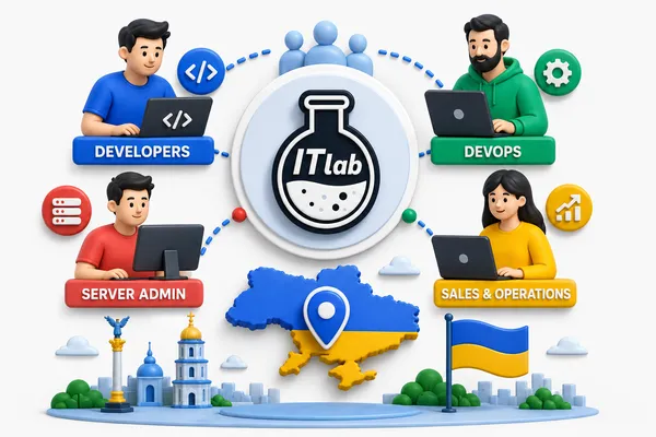 Illustration of the ITlab team roles - developers, DevOps, server admin, sales and operations - around a map of Ukraine