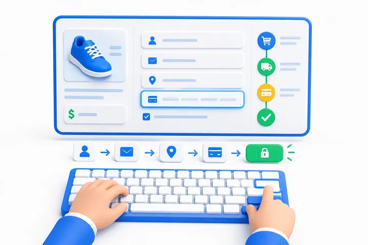 A person completing a store checkout using only a keyboard, with the focus outline visible on the active field