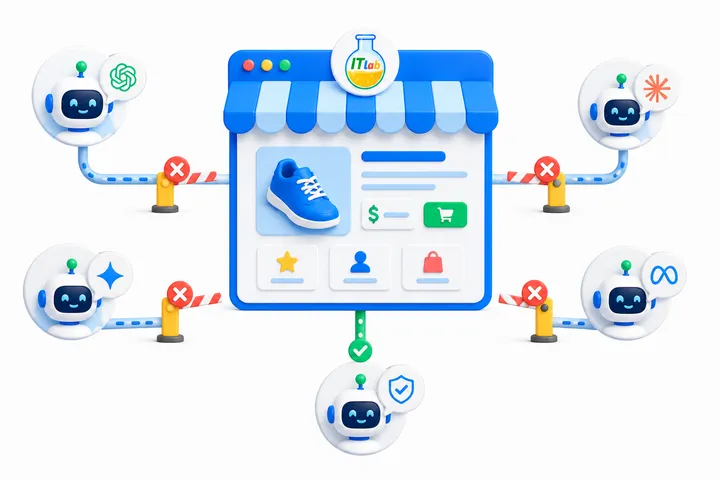 Illustration of a store connected to several AI assistants, with some of the connections blocked by barriers