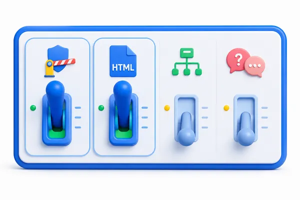 Four levers representing crawler access, raw HTML content, structured data and answerable content, with the first two drawn larger to show higher impact