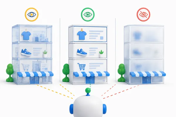 Three store frontends shown at different levels of machine readability, from partly readable to almost opaque