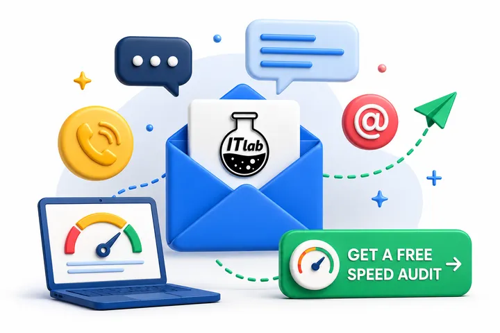Illustration of an email envelope with ITlab branding and contact icons