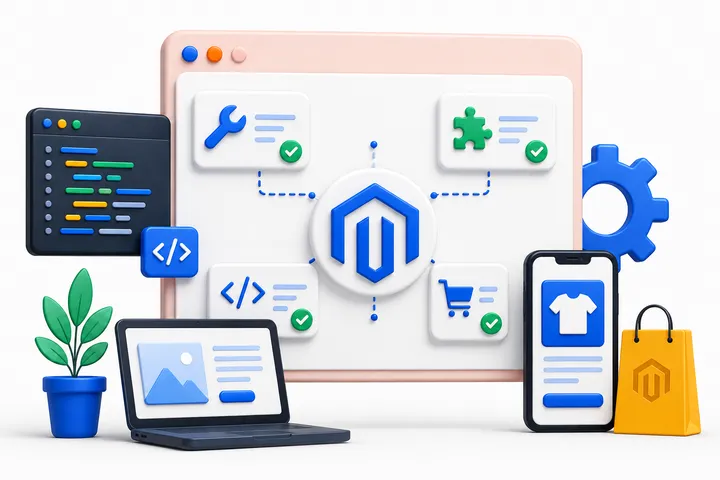 Illustration of Magento development areas: fixes, integrations, code, and cart features