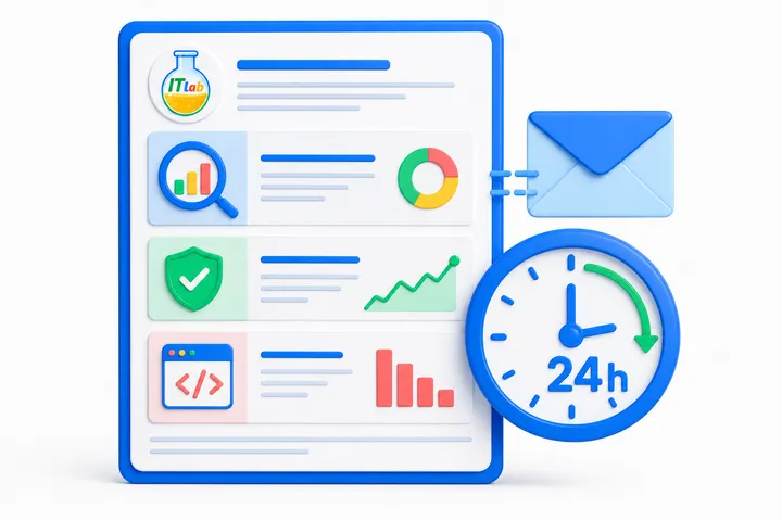 A one-page report with three sections - prompt results, crawler access and raw HTML gaps - next to an envelope and a clock showing 24 hours
