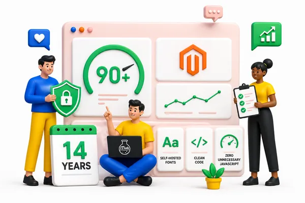 Illustration celebrating 14 years and a 90+ performance score, with badges for self-hosted fonts and clean code