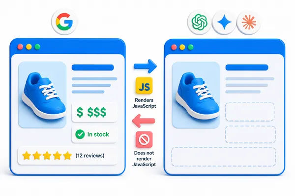 Two copies of the same product page side by side: the one a rendering crawler sees is complete, the one an AI crawler sees has gaps where price, availability and reviews should be