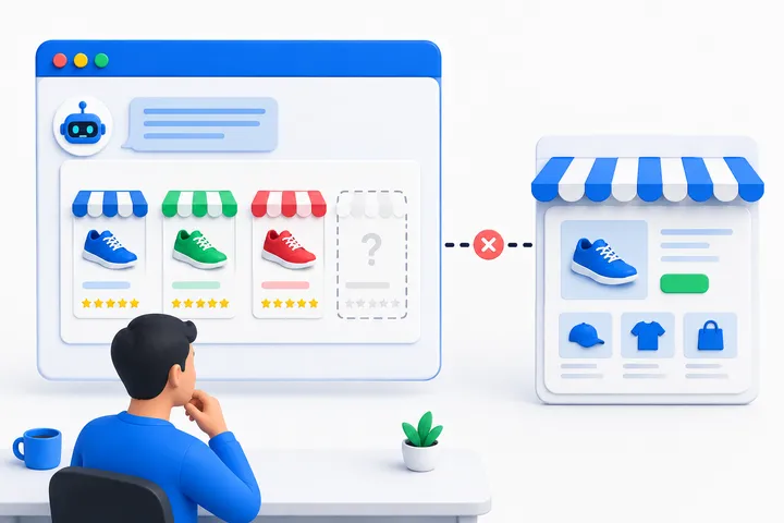 Illustration of an AI assistant recommending three stores with an empty slot left over, while a real storefront stands disconnected to the side