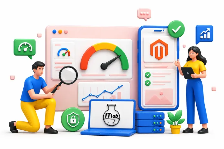 Illustration of a PageSpeed score gauge being reviewed, with Magento and ITlab branding