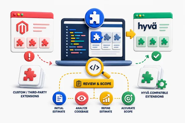 Illustration of custom Magento extensions being reviewed and mapped to Hyvä-compatible versions