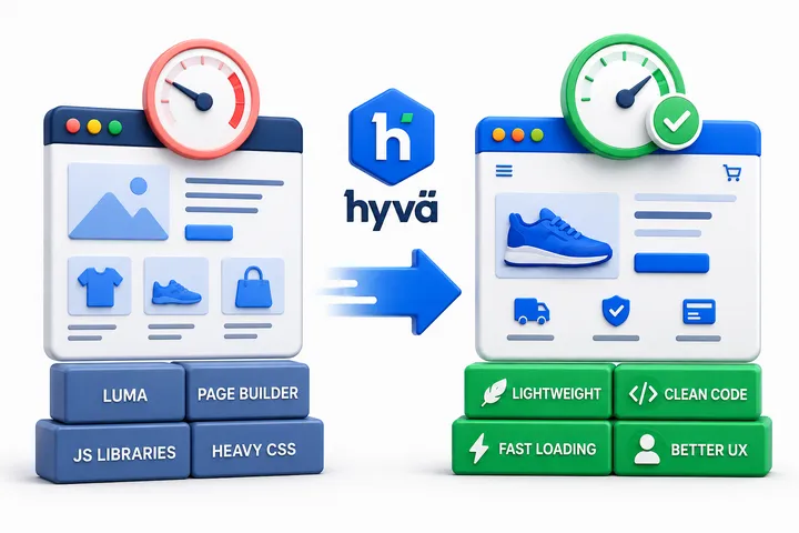 Illustration comparing a heavy Luma storefront to a fast Hyvä storefront