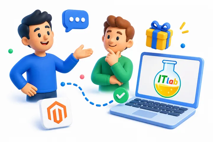 Illustration of one person referring another to ITlab, pointing at a laptop with the ITlab logo, next to a gift icon and the Magento logo