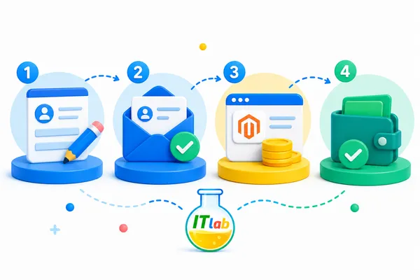 Illustration of four numbered steps - filling out a form, an email being sent, a Magento store, and a wallet - representing the referral process, with the ITlab logo