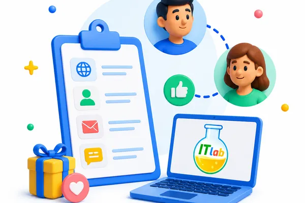 Illustration of a referral form clipboard, two connected profiles, a laptop with the ITlab logo, and a gift box