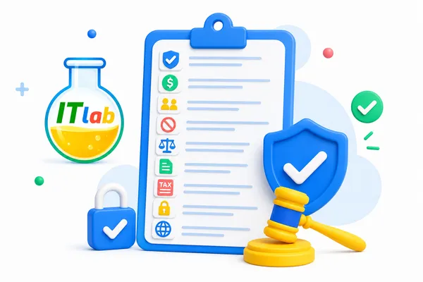 Illustration of a checklist with icons for security, payment, restrictions, legal terms, tax, and privacy, next to a gavel, a lock, and the ITlab logo