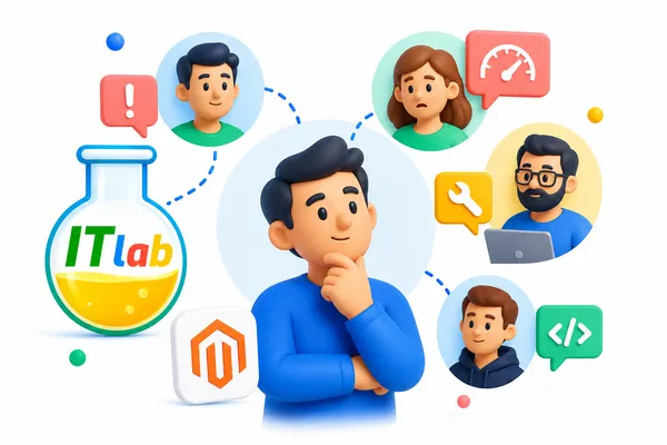 Illustration of a person thinking, surrounded by profiles of a colleague at a laptop, a friend, and others, next to the ITlab logo and the Magento logo