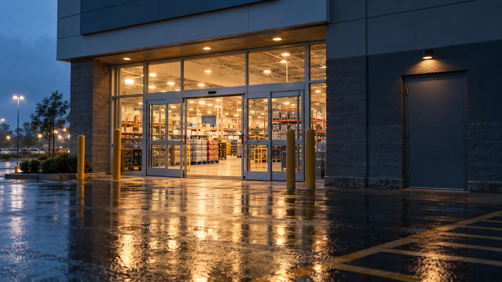 A retail warehouse storefront at dusk, open to customers, with a closed service door beside the main entrance.