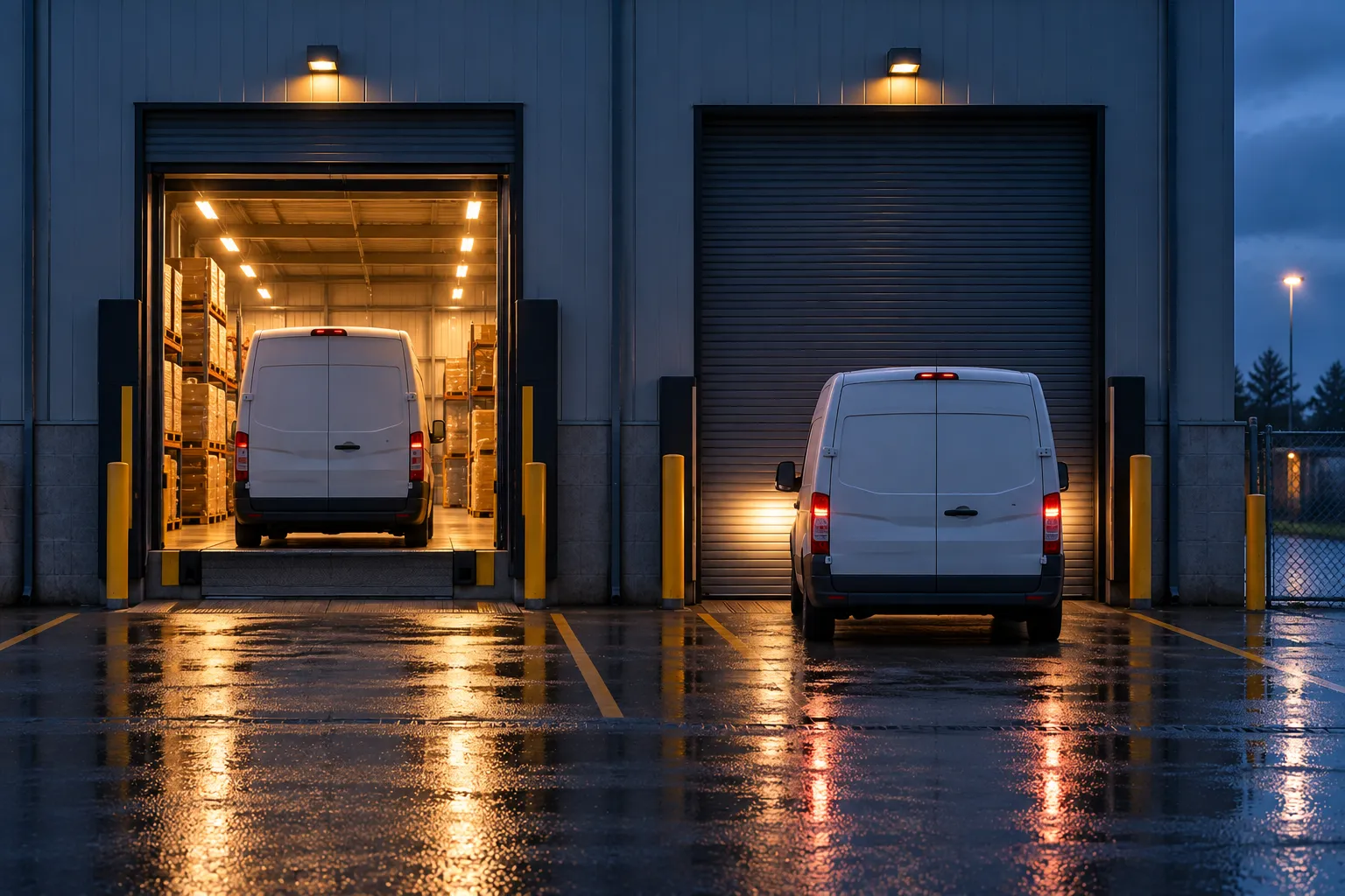 Two identical delivery vans at a loading bay, one waved through, one held at the barrier.