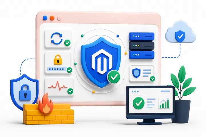 Illustration of a Magento security shield with firewall, monitoring, and cloud protection icons