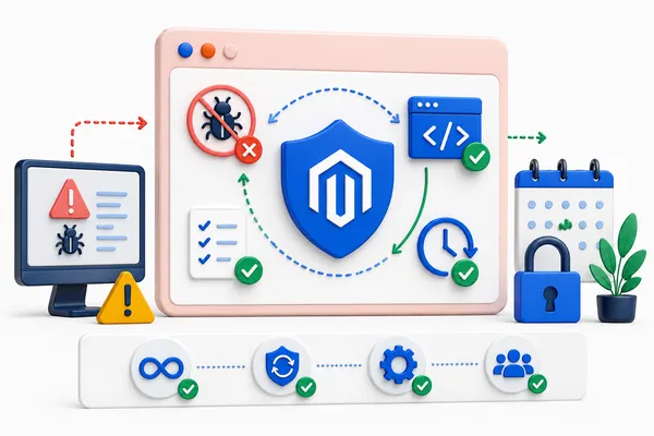 Illustration of ongoing Magento security monitoring, with malware, patch calendar, and server icons