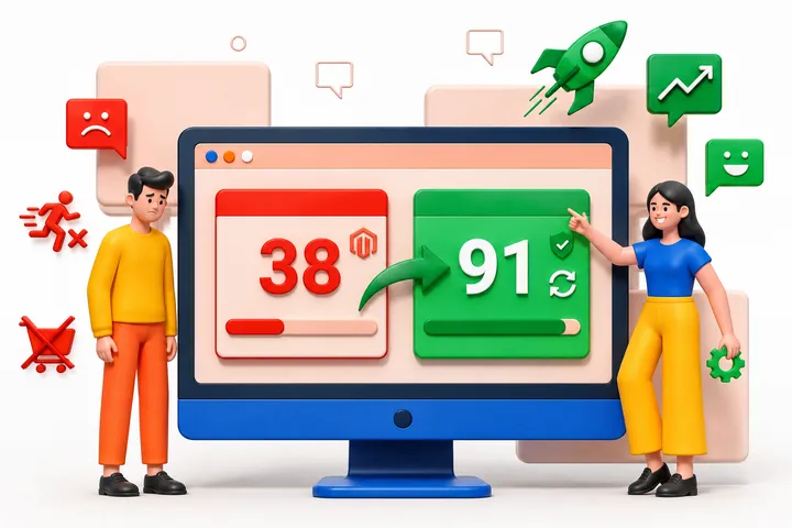 Illustration of a Magento PageSpeed score improving from 38 to 91