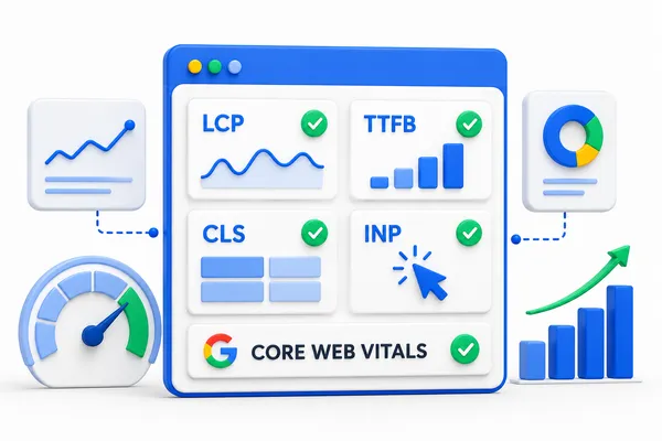 Illustration of a Core Web Vitals dashboard showing LCP, TTFB, CLS, and INP metrics