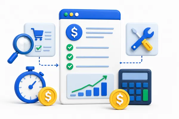Illustration of a project estimate with a checklist, calculator, and tools