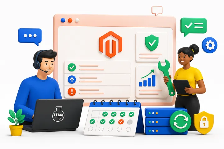 Illustration of a support specialist reviewing a Magento status dashboard