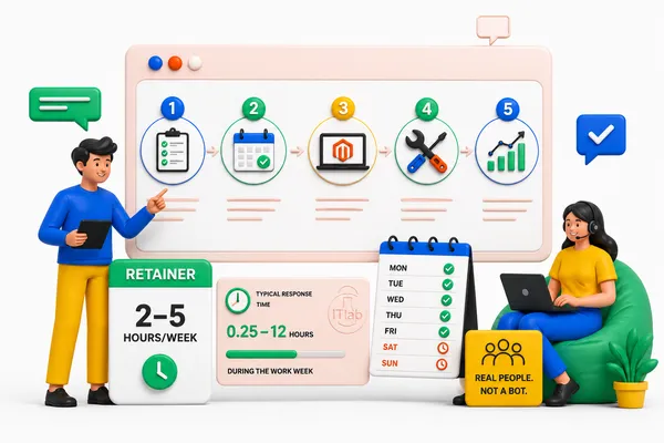 Illustration of the retainer workflow: hours per week, response time, and a weekly checklist