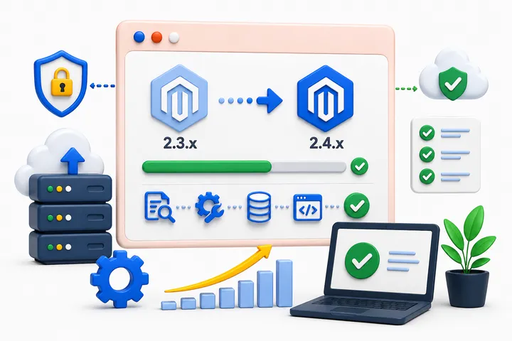 Illustration of a Magento version upgrade from 2.3.x to 2.4.x with a progress bar